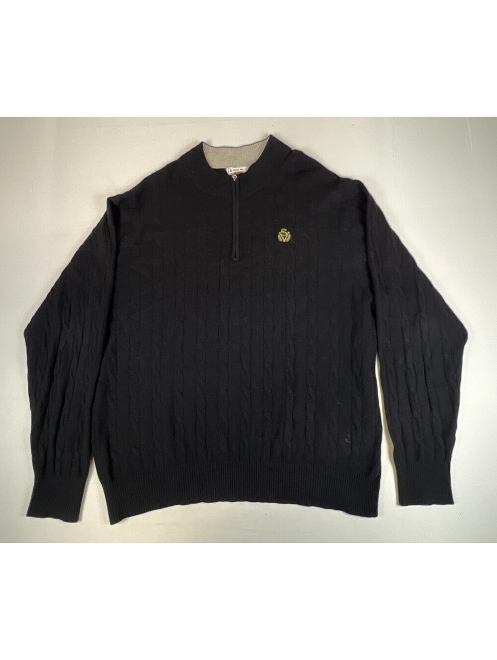 Peter Millar Mens XL Black Cashmere 1/4 Zip Cable Knit Sweater Logo
